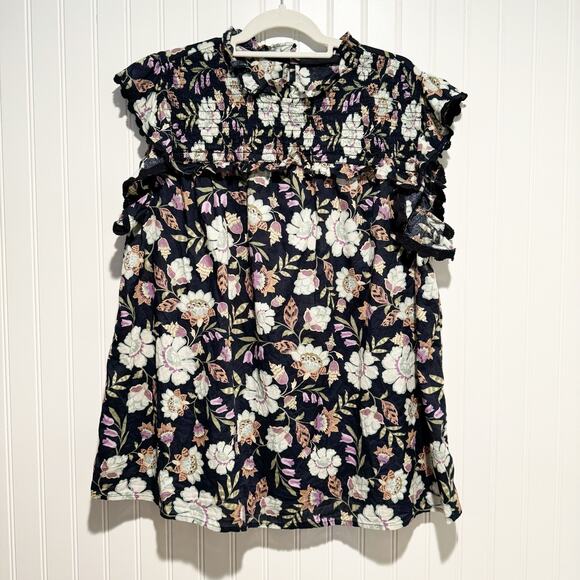 Lane Bryant Tops - Lane Bryant Navy Floral Blouse Sleeveless Ruffled Size 16